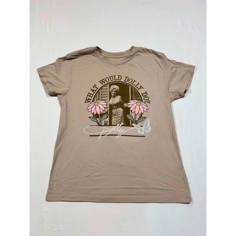 Dolly Parton What Would Dolly Do Graphic T-Shirt Tan Flowers Butterfly Small